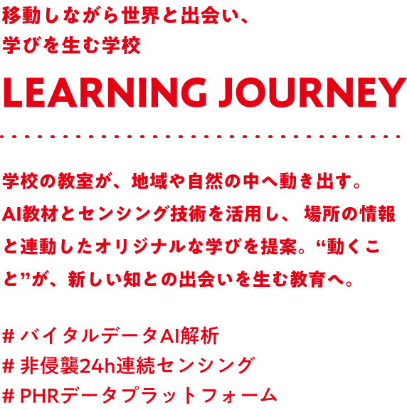 移動しながら世界と出会い、学びを生む学校 Learning journey 学校の教室が、地域や自然の中へ動き出す。AI教材とセンシング技術を活用し、場所の情報と連動したオリジナルな学びを提案。“動くこと”が、新しい知との出会いを生む教育へ。#バイタルデータAI解析 #非侵襲24h連続センシング #PHRデータプラットフォーム