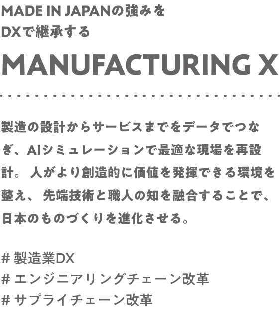 Made in Japanの強みをDXで継承する Manufacturing X 製造の設計からサービスまでをデータでつなぎ、AIシミュレーションで最適な現場を再設計。人がより創造的に価値を発揮できる環境を整え、先端技術と職人の知を融合することで、日本のものづくりを進化させる。#製造業DX #エンジニアリングチェーン改革 #サプライチェーン改革