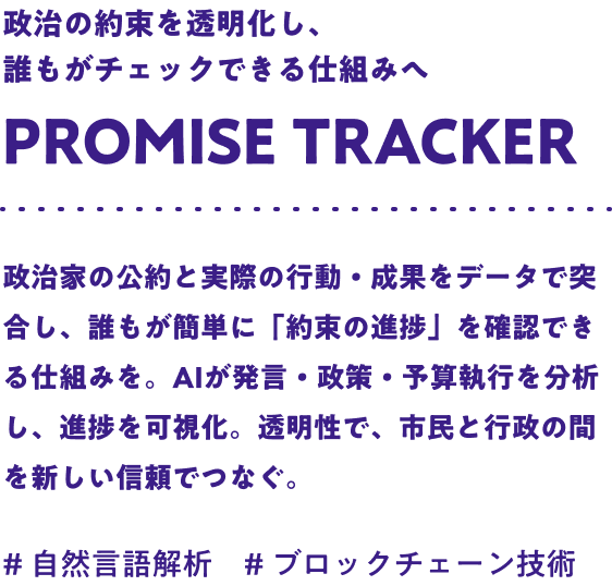 政治の約束を透明化し、誰もがチェックできる仕組みへ Promise tracker 政治家の公約と実際の行動・成果をデータで突合し、誰もが簡単に「約束の進捗」を確認できる仕組みを。AIが発言・政策・予算執行を分析し、進捗を可視化。透明性で、市民と行政の間を新しい信頼でつなぐ。#自然言語解析 #ブロックチェーン技術